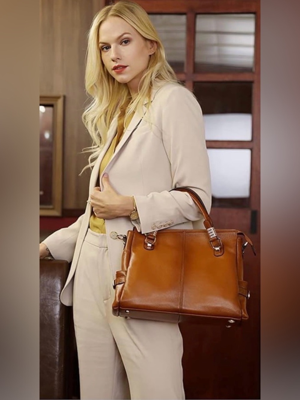 Kattee Women's Genuine Pebbled Cowhide Leather Satchel Shoulder Bag Cognac Brown